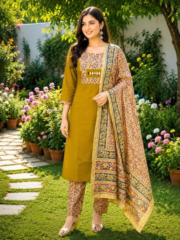 Dhabu Cotton 3 Pcs Set -yellow